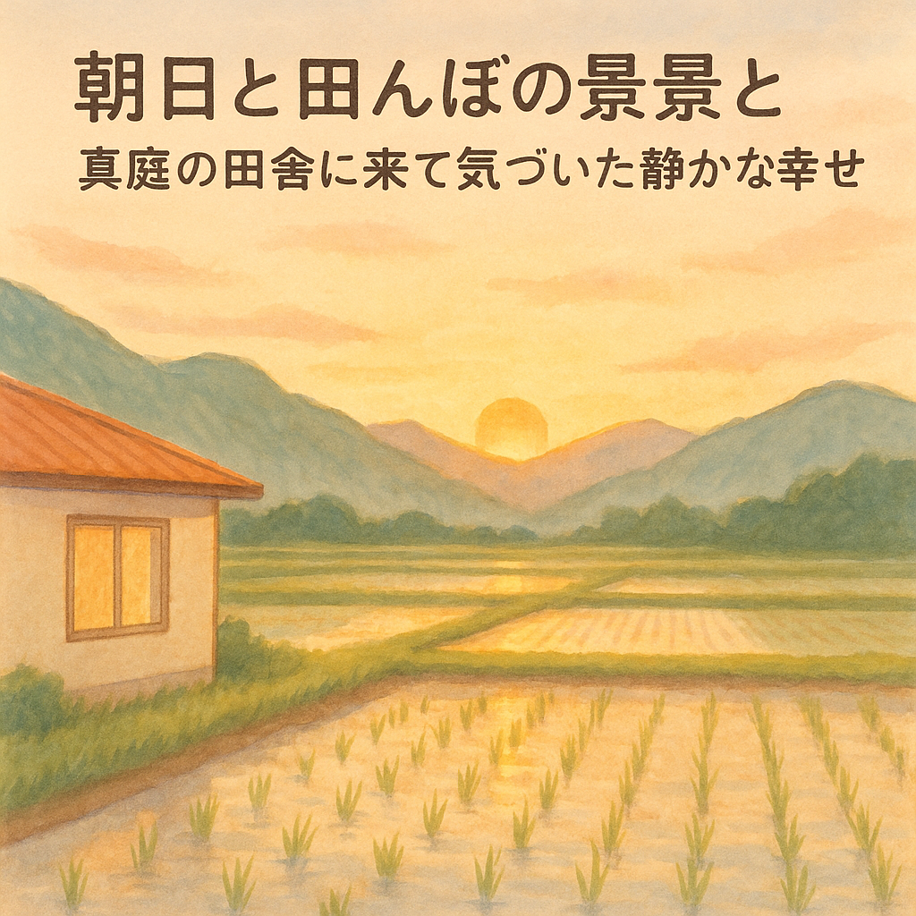 朝日と田んぼの風景と
